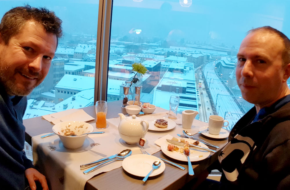 Review of Innsbruck snowboarding in Patscherkofel ski resort Breakfast at Adlers Hotel