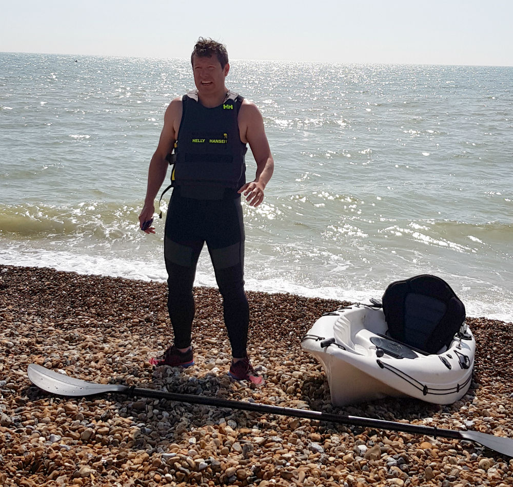 Kayaking Pevensey Bay Sussex in Helly Hansen wetsuit