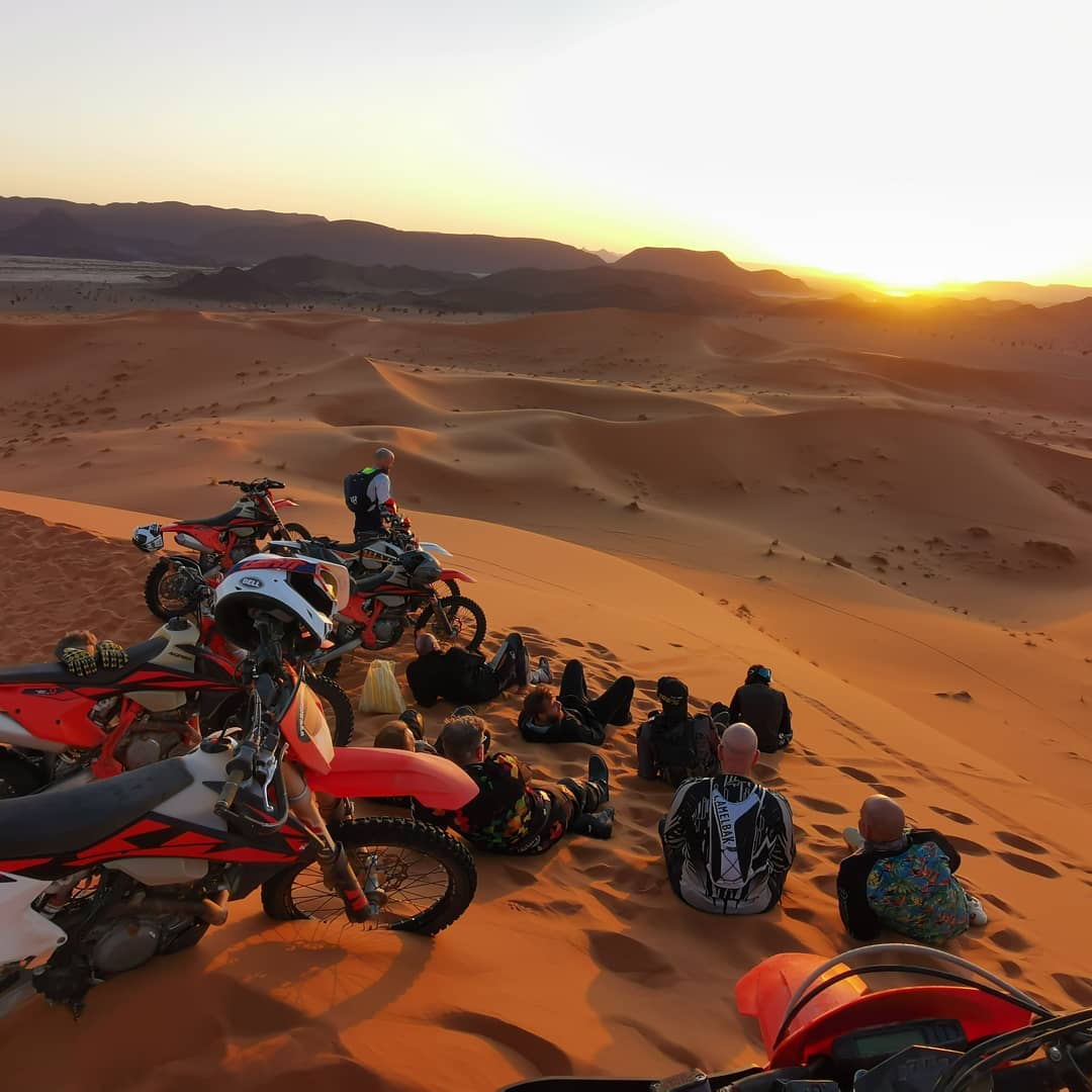 BR19 sunset at Ouzina on 7 day Morocco off-road motorbiking Sahara Desert tour